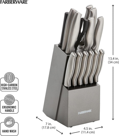 15-Piece Kitchen Knife Set, High-Carbon Stainless Steel Blades with Wood Block, Steak Knives, Sharpening Tool & All-Purpose Shears, Razor Sharp, Ergonomic Stainless Steel Handles