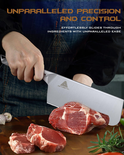 7" Meat Cleaver Knife, Full Tang High-Carbon Stainless Steel Kitchen Cleaver for Chopping Meat, Pork, and Bones, Ergonomic Metal Handle, Professional Chef Butcher Knife