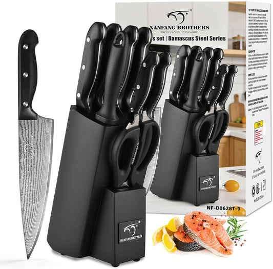 9-Piece Damascus Kitchen Knife Set, 67-Layer VG10 Japanese Steel, Professional Chef Knives with Compact Wooden Block, Triple-Riveted Ergonomic Handles (Hand-Wash Only)