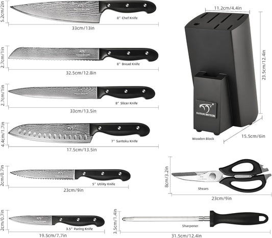 9-Piece Damascus Kitchen Knife Set, 67-Layer VG10 Japanese Steel, Professional Chef Knives with Compact Wooden Block, Triple-Riveted Ergonomic Handles (Hand-Wash Only)