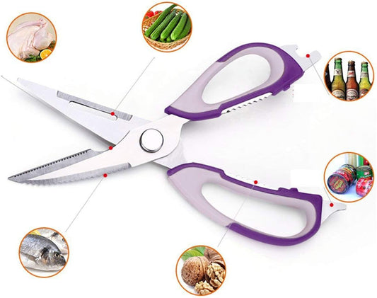 Kitchen Scissor, Professional Sturdy Stainless Steel Multipurpose Food Scissors with Cover, Heavy Duty Sharp Shear Cooking Scissors for Vegetables Meats Fish Scale, Bottle Opener (Purple)
