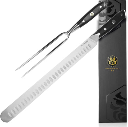 12-Inch Carving Slicing Knife & 7-Inch Meat Fork Set - Dynasty Series - Forged ThyssenKrupp German HC Steel Granton Edge - G10 Resin Full Tang Handle with Blade Guard