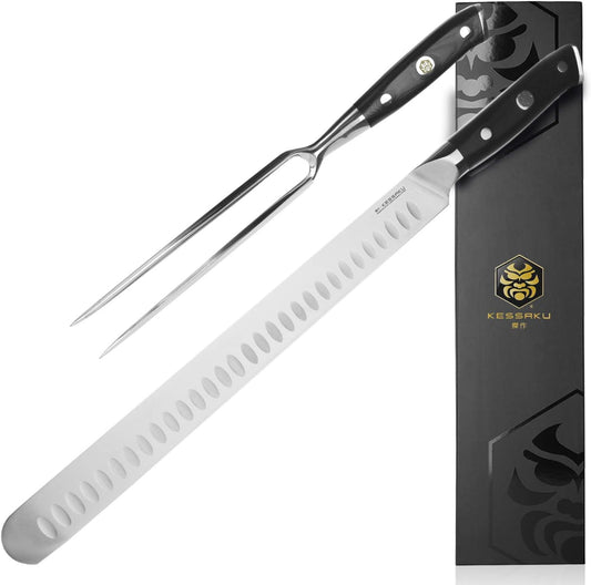 12-Inch Carving Slicing Knife & 7-Inch Meat Fork Set - Dynasty Series - Forged ThyssenKrupp German HC Steel Granton Edge - G10 Resin Full Tang Handle with Blade Guard