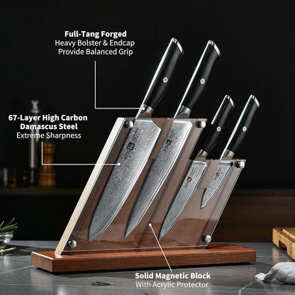 Empira 5 Piece Damascus Kitchen Knife Set With Magnetic Block | VG-10 Damascus Steel, Full Tang, Ultra Sharpness, Ergonomic ABS Handle, Strong Magnetic Block, Ideal Gift For Passionate Chef
