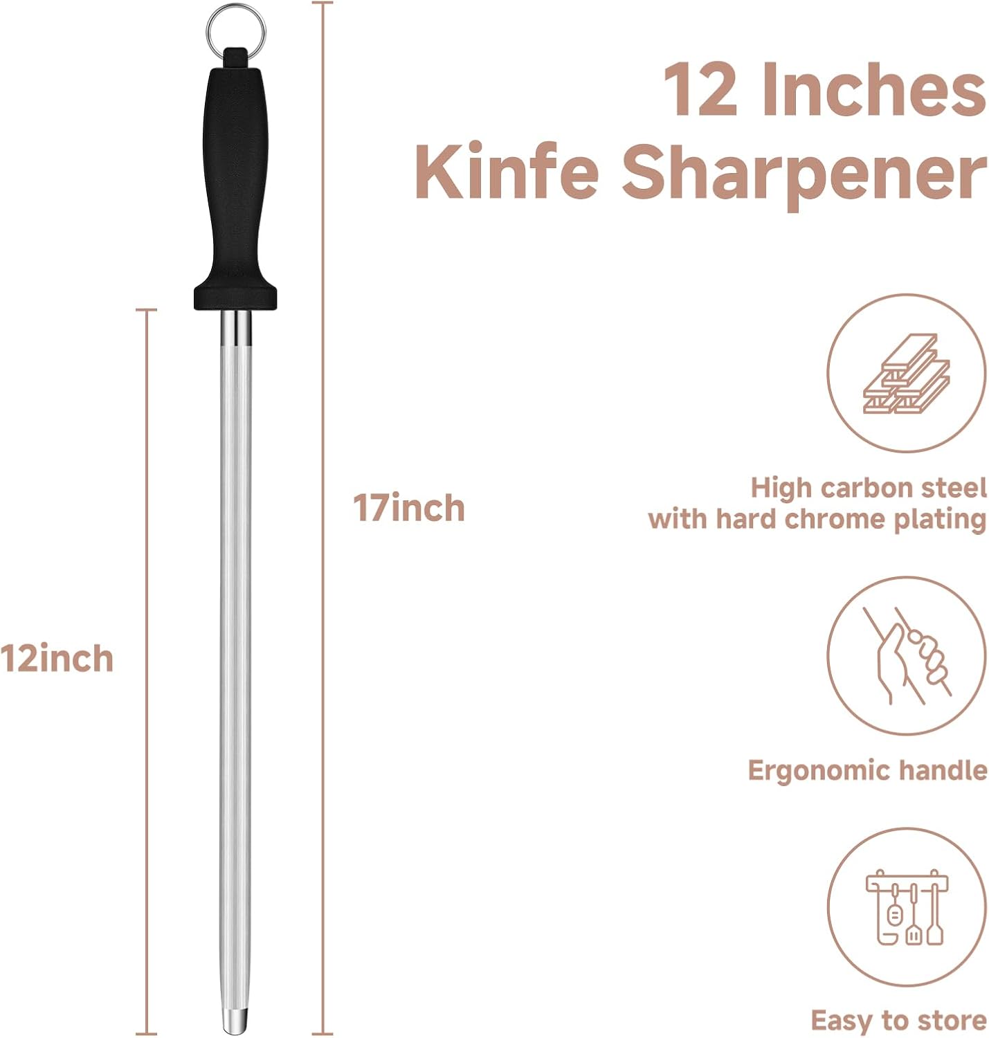 12" Professional Carbon Steel Knife Honing Rod with Hanging Holes | 17" Overall Length, Professional Knife Sharpening Tool, For Chef Household Hunting & Pocketknives, Easy Hanging Storage