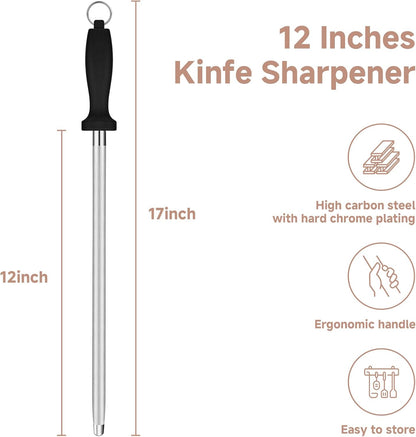 12" Professional Carbon Steel Knife Honing Rod with Hanging Holes | 17" Overall Length, Professional Knife Sharpening Tool, For Chef Household Hunting & Pocketknives, Easy Hanging Storage