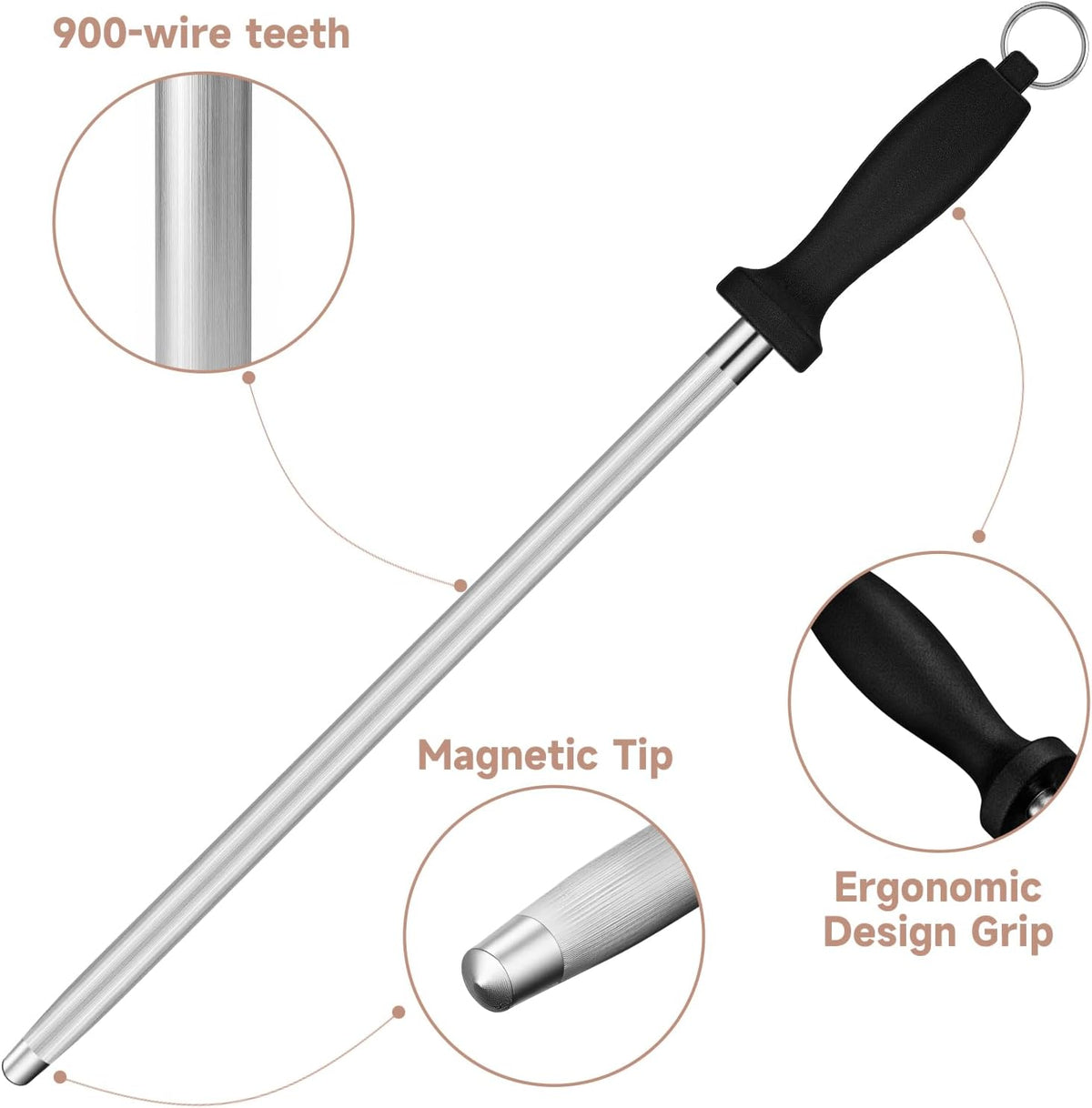 12" Professional Carbon Steel Knife Honing Rod with Hanging Holes | 17" Overall Length, Professional Knife Sharpening Tool, For Chef Household Hunting & Pocketknives, Easy Hanging Storage