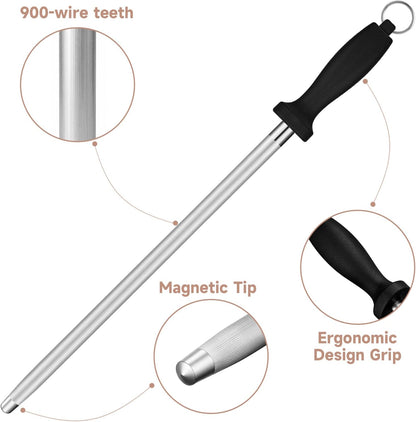 12" Professional Carbon Steel Knife Honing Rod with Hanging Holes | 17" Overall Length, Professional Knife Sharpening Tool, For Chef Household Hunting & Pocketknives, Easy Hanging Storage