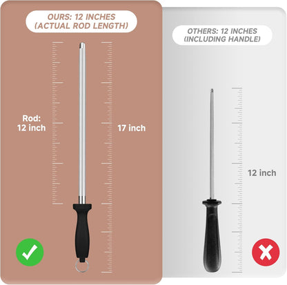 12" Professional Carbon Steel Knife Honing Rod with Hanging Holes | 17" Overall Length, Professional Knife Sharpening Tool, For Chef Household Hunting & Pocketknives, Easy Hanging Storage