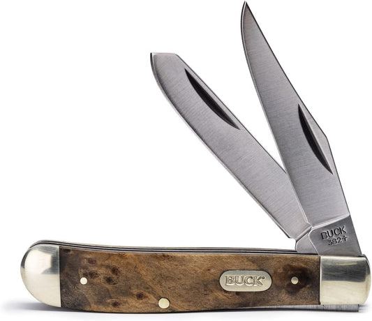 382 Trapper 2-Blade Folding Pocket Knife, Woodgrain Inlay Handle with Nickel Silver Bolsters, 420J2 Steel Clip and Spey Blades, EDC Pocket Knife, 2.6 oz