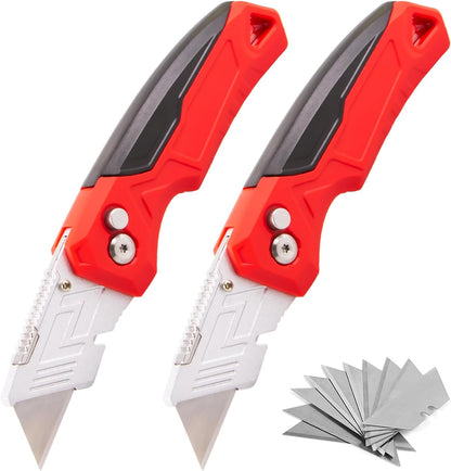 Box Cutter with 10 Extra Blades, Heavy Duty Folding Utility Knife for Cardboard, Carton, Carpet Cutting, Anti-slip Rubber & ABS Handle, Quick Replace Blade