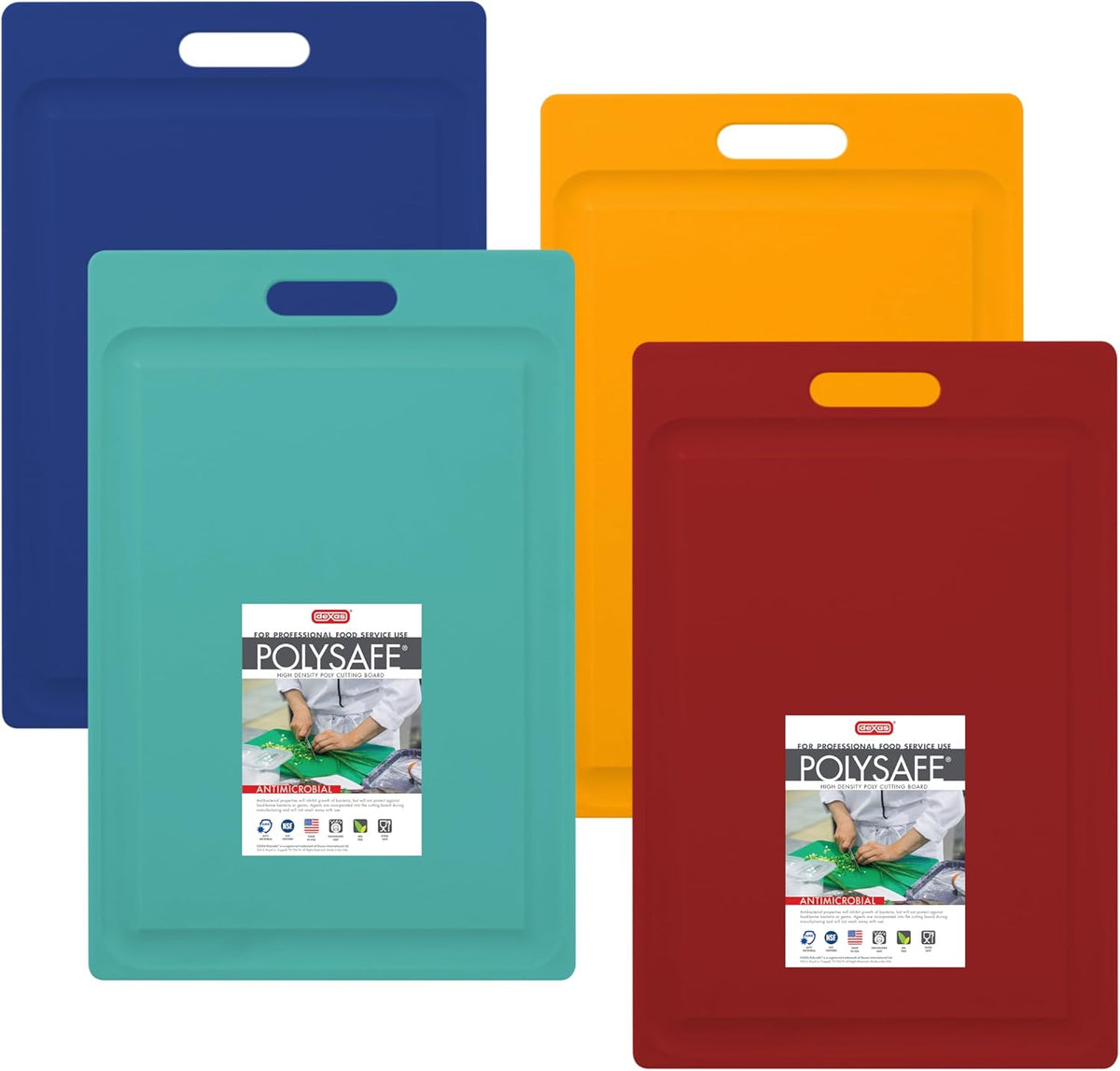 4-Pack NSF Certified Polysafe Cutting Boards with Handle, 11 x 14.5 Inches, Reversible Kitchen Cutting Board, Assorted Colors