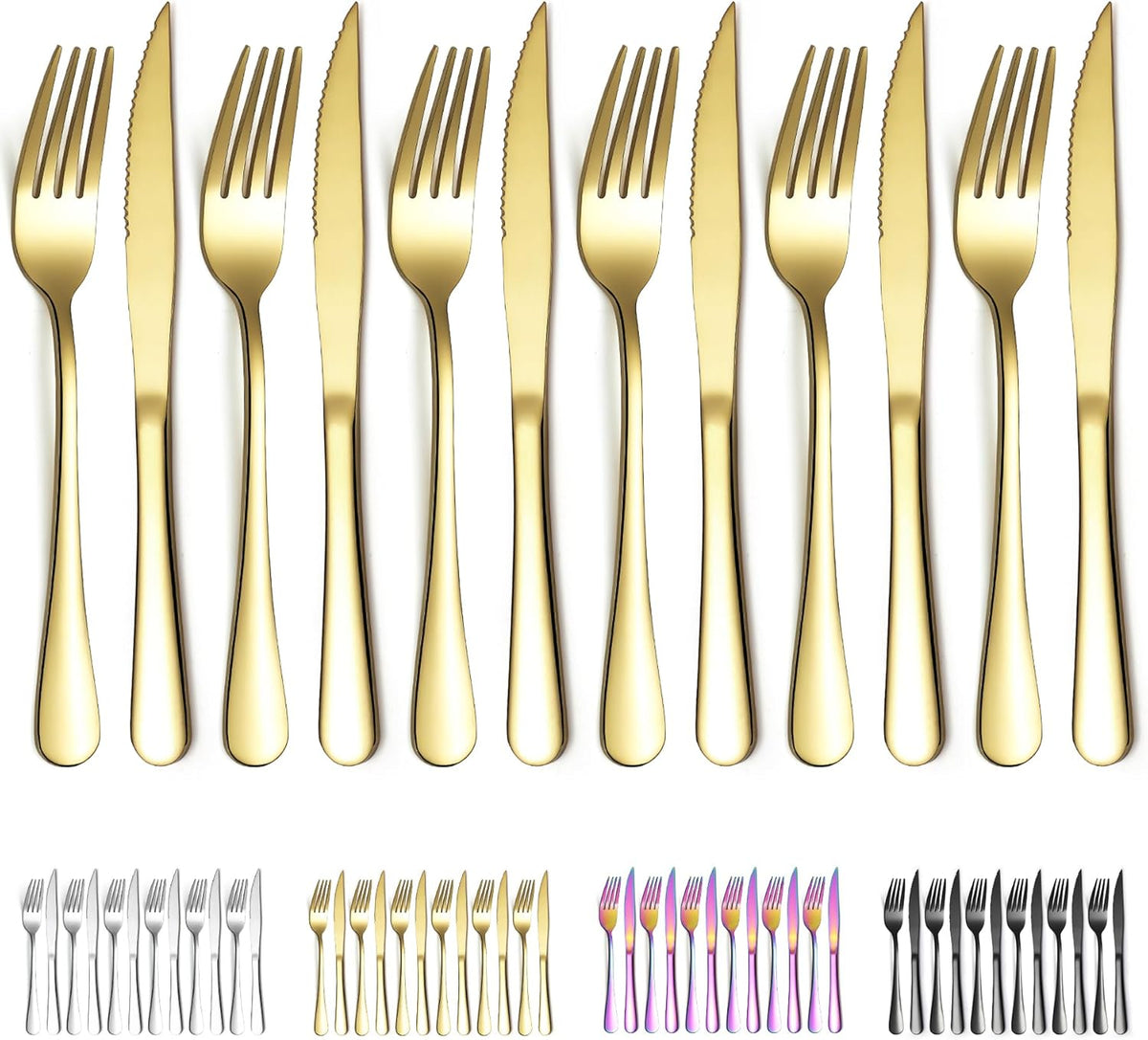 Gold Steak Knives Set 12 Piece, Gold Titanium Plating Stainless Steel 6 Dinner Forks and 6 Dinner Knives Set, Steak Knives Steak Forks, Dishwasher Safe