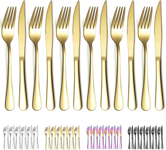 Gold Steak Knives Set 12 Piece, Gold Titanium Plating Stainless Steel 6 Dinner Forks and 6 Dinner Knives Set, Steak Knives Steak Forks, Dishwasher Safe