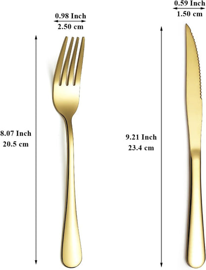 Gold Steak Knives Set 12 Piece, Gold Titanium Plating Stainless Steel 6 Dinner Forks and 6 Dinner Knives Set, Steak Knives Steak Forks, Dishwasher Safe
