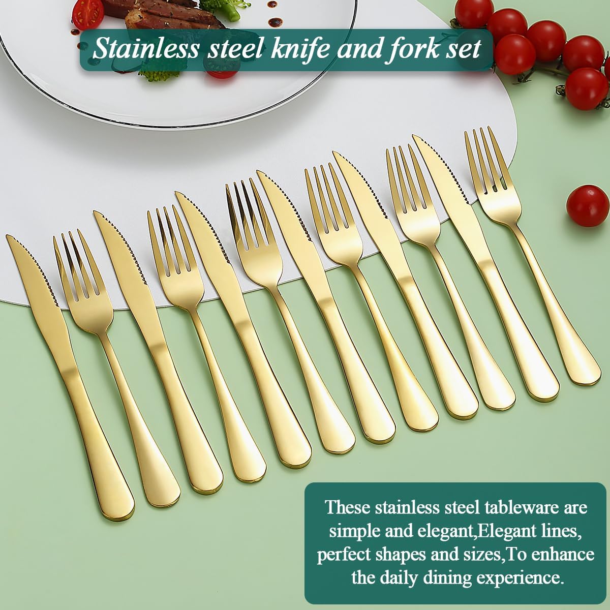 Gold Steak Knives Set 12 Piece, Gold Titanium Plating Stainless Steel 6 Dinner Forks and 6 Dinner Knives Set, Steak Knives Steak Forks, Dishwasher Safe