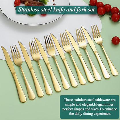 Gold Steak Knives Set 12 Piece, Gold Titanium Plating Stainless Steel 6 Dinner Forks and 6 Dinner Knives Set, Steak Knives Steak Forks, Dishwasher Safe