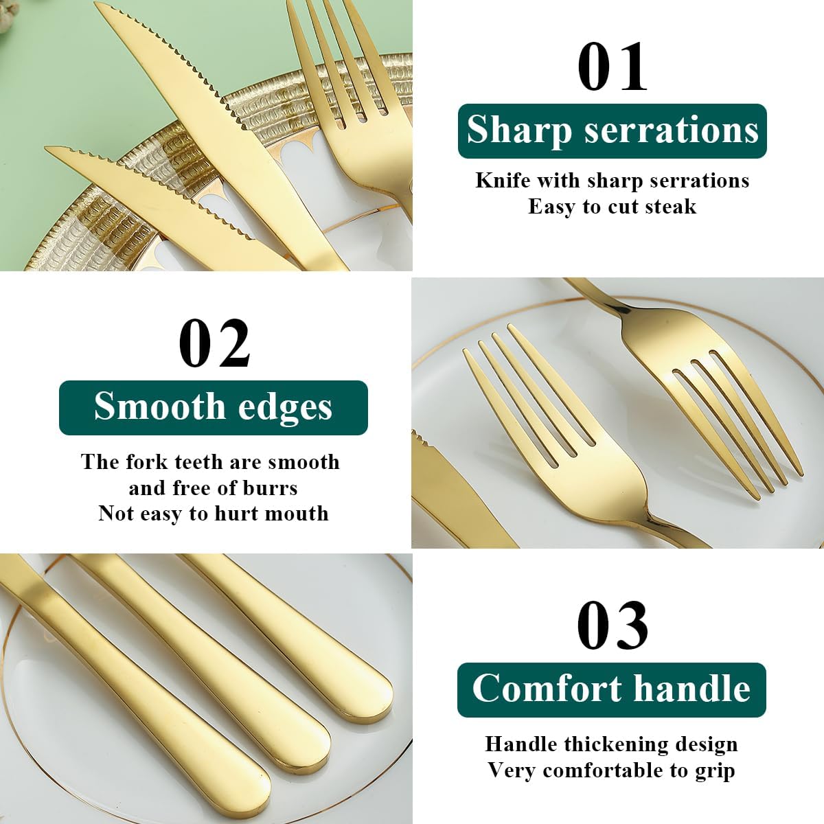 Gold Steak Knives Set 12 Piece, Gold Titanium Plating Stainless Steel 6 Dinner Forks and 6 Dinner Knives Set, Steak Knives Steak Forks, Dishwasher Safe