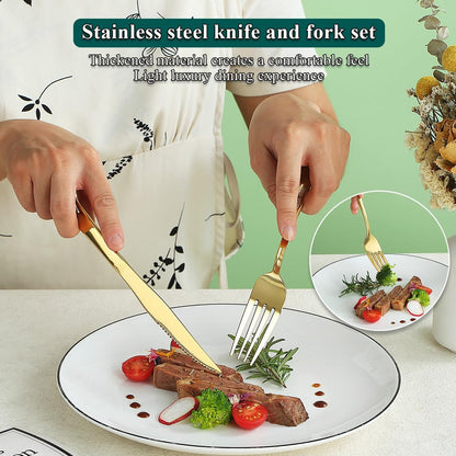Gold Steak Knives Set 12 Piece, Gold Titanium Plating Stainless Steel 6 Dinner Forks and 6 Dinner Knives Set, Steak Knives Steak Forks, Dishwasher Safe