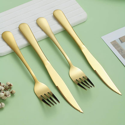Gold Steak Knives Set 12 Piece, Gold Titanium Plating Stainless Steel 6 Dinner Forks and 6 Dinner Knives Set, Steak Knives Steak Forks, Dishwasher Safe