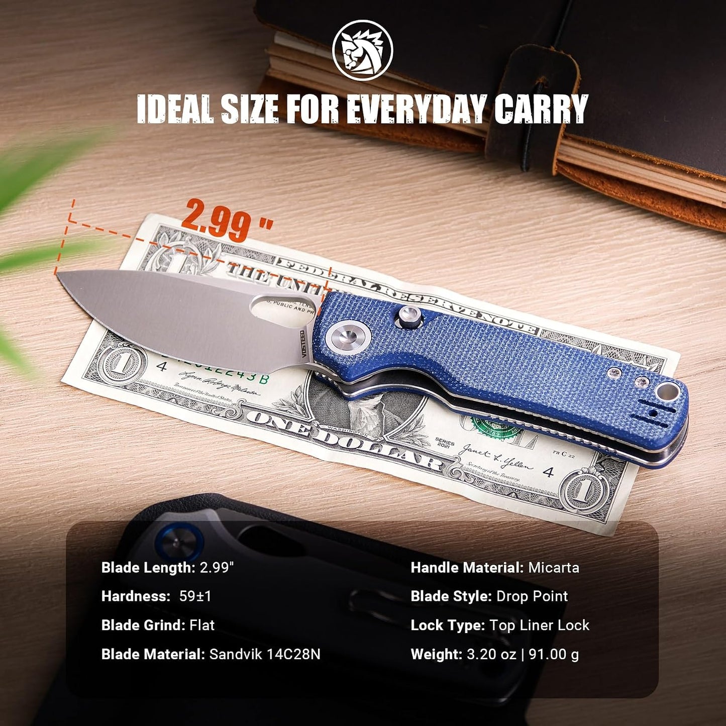 EDC Knife, 2.99" 14C28N Steel Wider Blade, Green Micarta Handle Top Liner Lock, Folding Pocket Knives with Clip for Men & Women, Survival Camping - Porcupine A2603