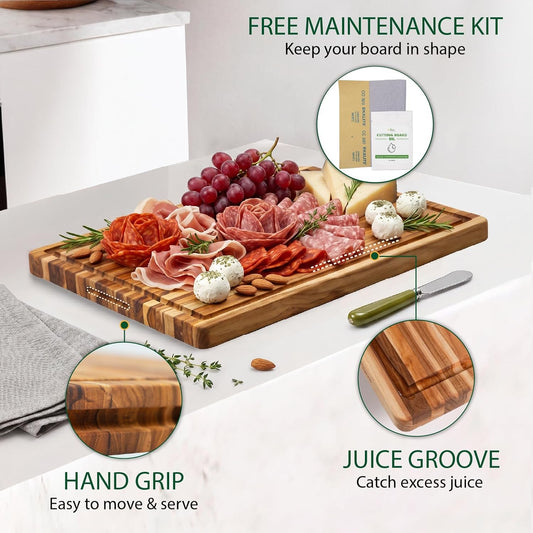 Teak Wood Cutting Board with Juice Groove (18x14x1", S) | Durable wooden cutting board for kitchen, heavy-duty butcher block, serving board, charcuterie platter. Gift box included