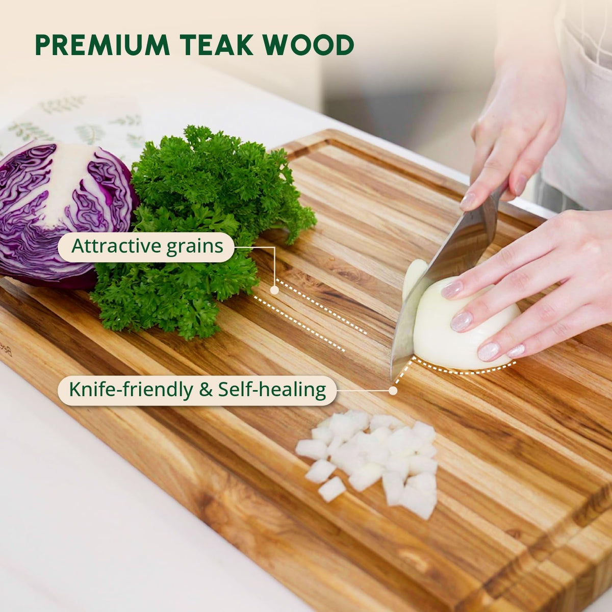 Teak Wood Cutting Board with Juice Groove (18x14x1", S) | Durable wooden cutting board for kitchen, heavy-duty butcher block, serving board, charcuterie platter. Gift box included