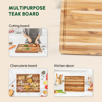 Teak Wood Cutting Board with Juice Groove (18x14x1", S) | Durable wooden cutting board for kitchen, heavy-duty butcher block, serving board, charcuterie platter. Gift box included