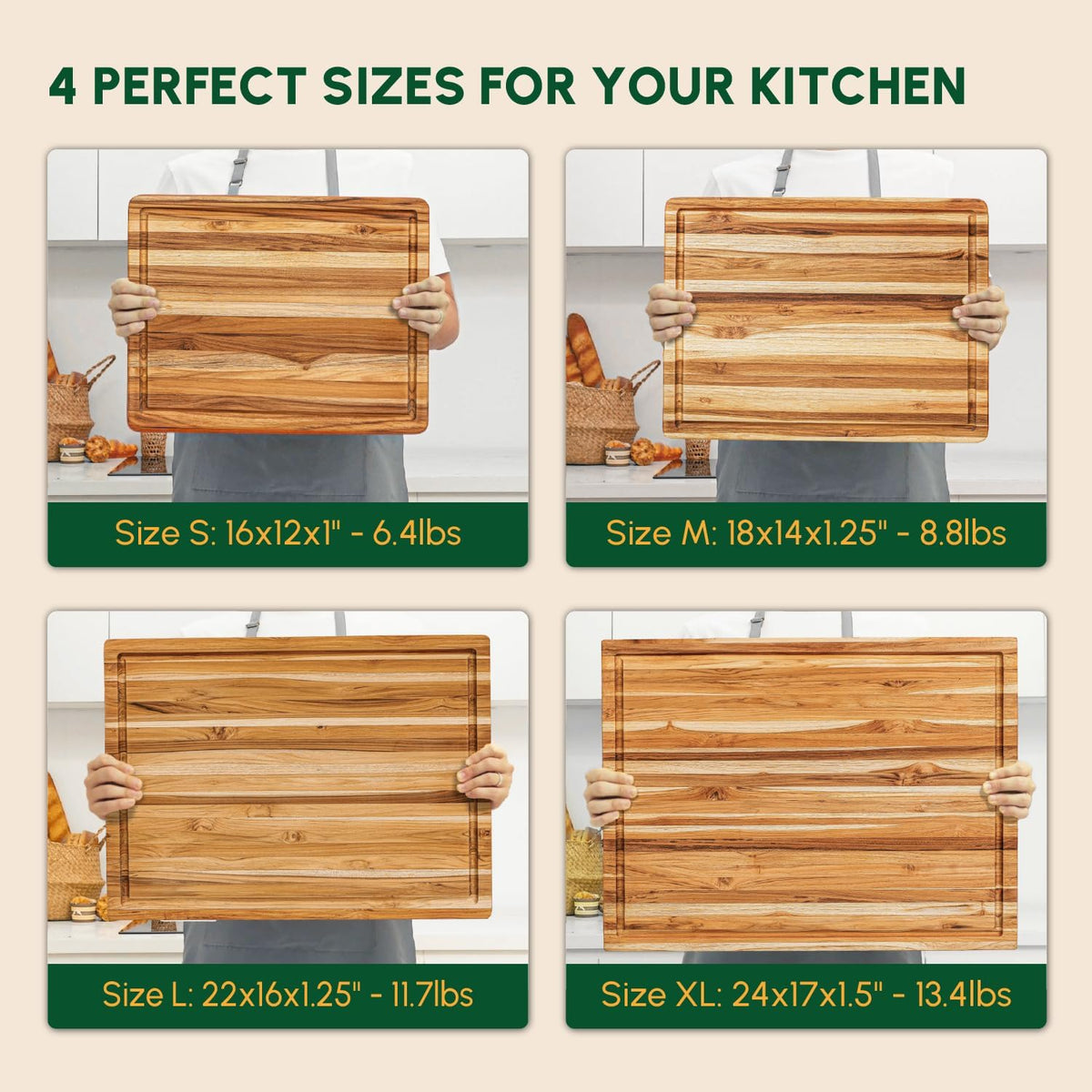 Teak Wood Cutting Board with Juice Groove (18x14x1", S) | Durable wooden cutting board for kitchen, heavy-duty butcher block, serving board, charcuterie platter. Gift box included