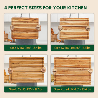 Teak Wood Cutting Board with Juice Groove (18x14x1", S) | Durable wooden cutting board for kitchen, heavy-duty butcher block, serving board, charcuterie platter. Gift box included