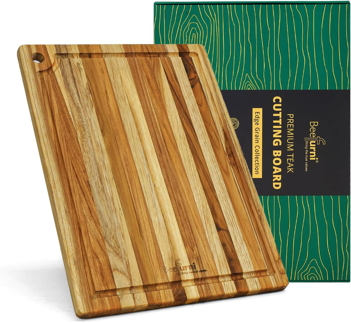Teak Wood Cutting Board with Juice Groove (18x14x1", S) | Durable wooden cutting board for kitchen, heavy-duty butcher block, serving board, charcuterie platter. Gift box included
