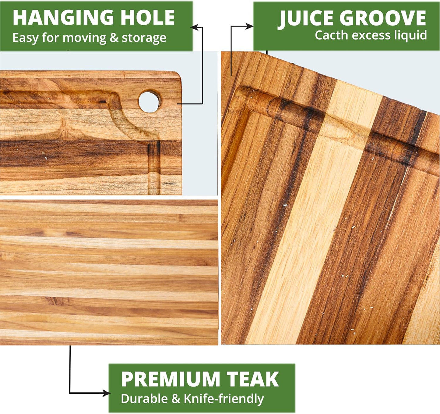 Teak Wood Cutting Board with Juice Groove (18x14x1", S) | Durable wooden cutting board for kitchen, heavy-duty butcher block, serving board, charcuterie platter. Gift box included