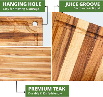 Teak Wood Cutting Board with Juice Groove (18x14x1", S) | Durable wooden cutting board for kitchen, heavy-duty butcher block, serving board, charcuterie platter. Gift box included