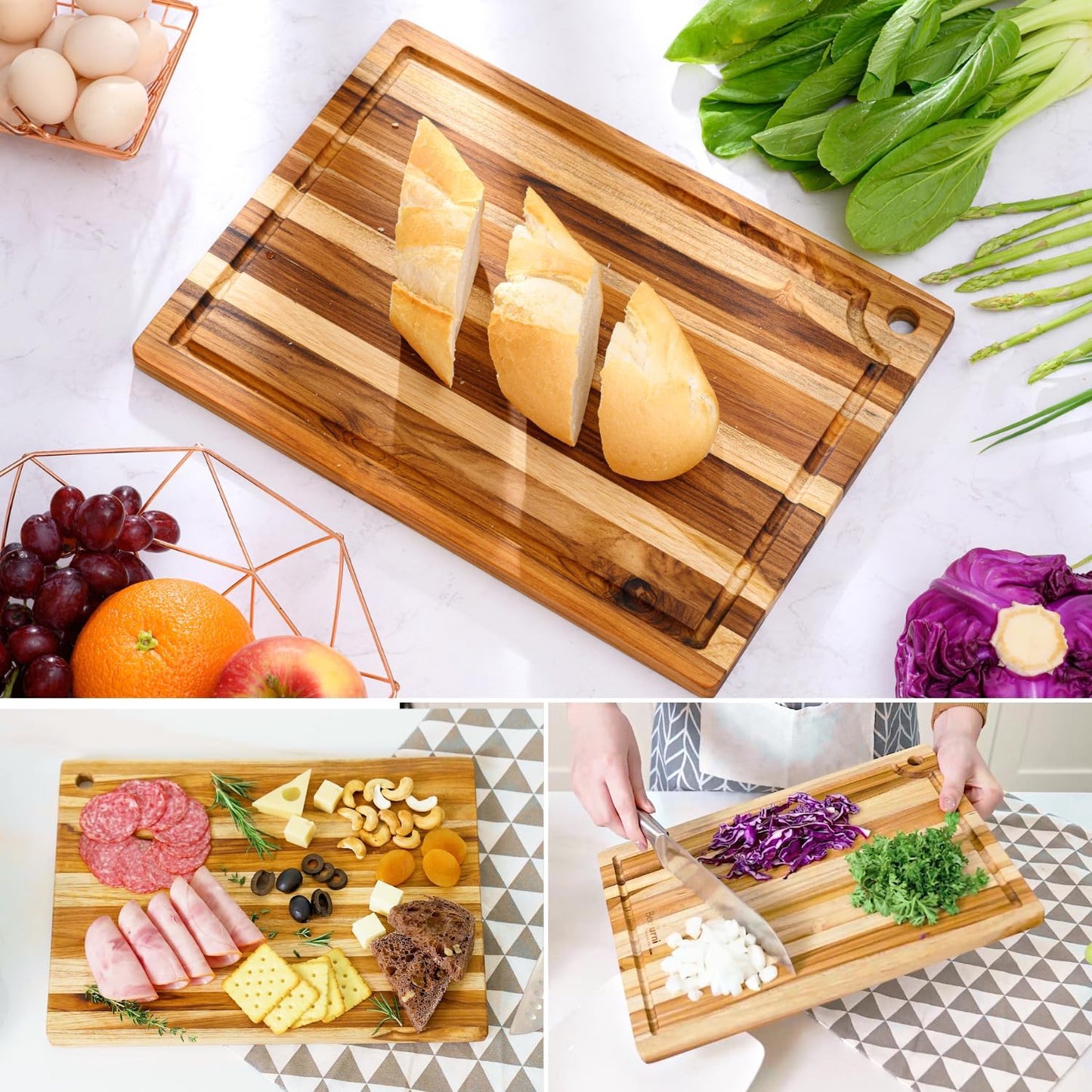 Teak Wood Cutting Board with Juice Groove (18x14x1", S) | Durable wooden cutting board for kitchen, heavy-duty butcher block, serving board, charcuterie platter. Gift box included