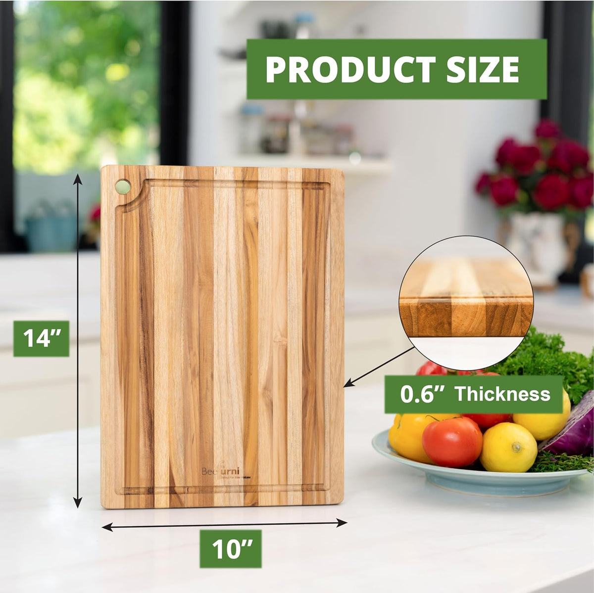 Teak Wood Cutting Board with Juice Groove (18x14x1", S) | Durable wooden cutting board for kitchen, heavy-duty butcher block, serving board, charcuterie platter. Gift box included