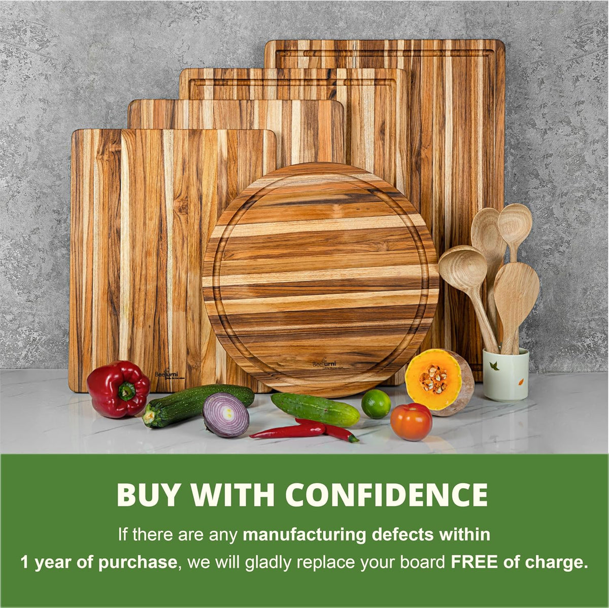 Teak Wood Cutting Board with Juice Groove (18x14x1", S) | Durable wooden cutting board for kitchen, heavy-duty butcher block, serving board, charcuterie platter. Gift box included