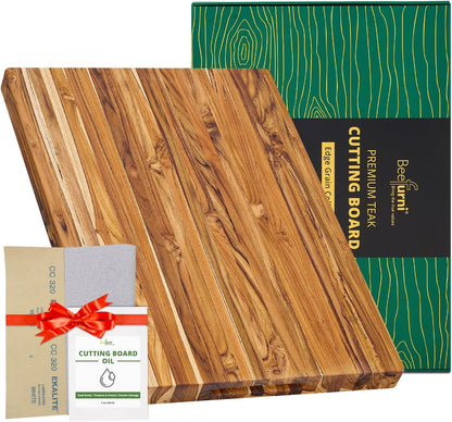 Teak Wood Cutting Board with Juice Groove (18x14x1", S) | Durable wooden cutting board for kitchen, heavy-duty butcher block, serving board, charcuterie platter. Gift box included