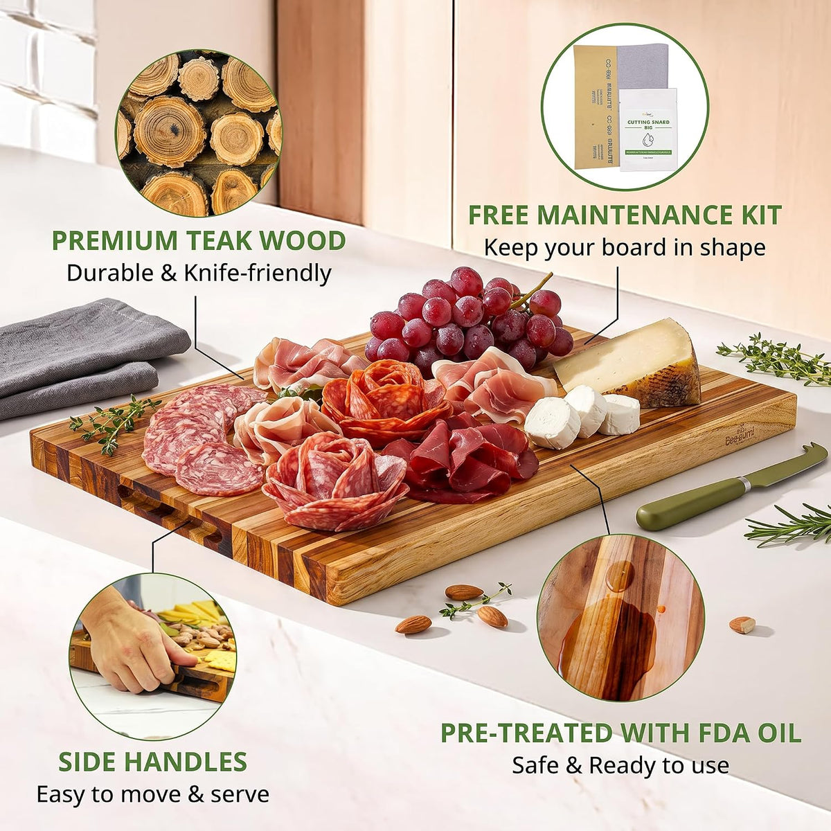 Teak Wood Cutting Board with Juice Groove (18x14x1", S) | Durable wooden cutting board for kitchen, heavy-duty butcher block, serving board, charcuterie platter. Gift box included