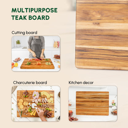 Teak Wood Cutting Board with Juice Groove (18x14x1", S) | Durable wooden cutting board for kitchen, heavy-duty butcher block, serving board, charcuterie platter. Gift box included
