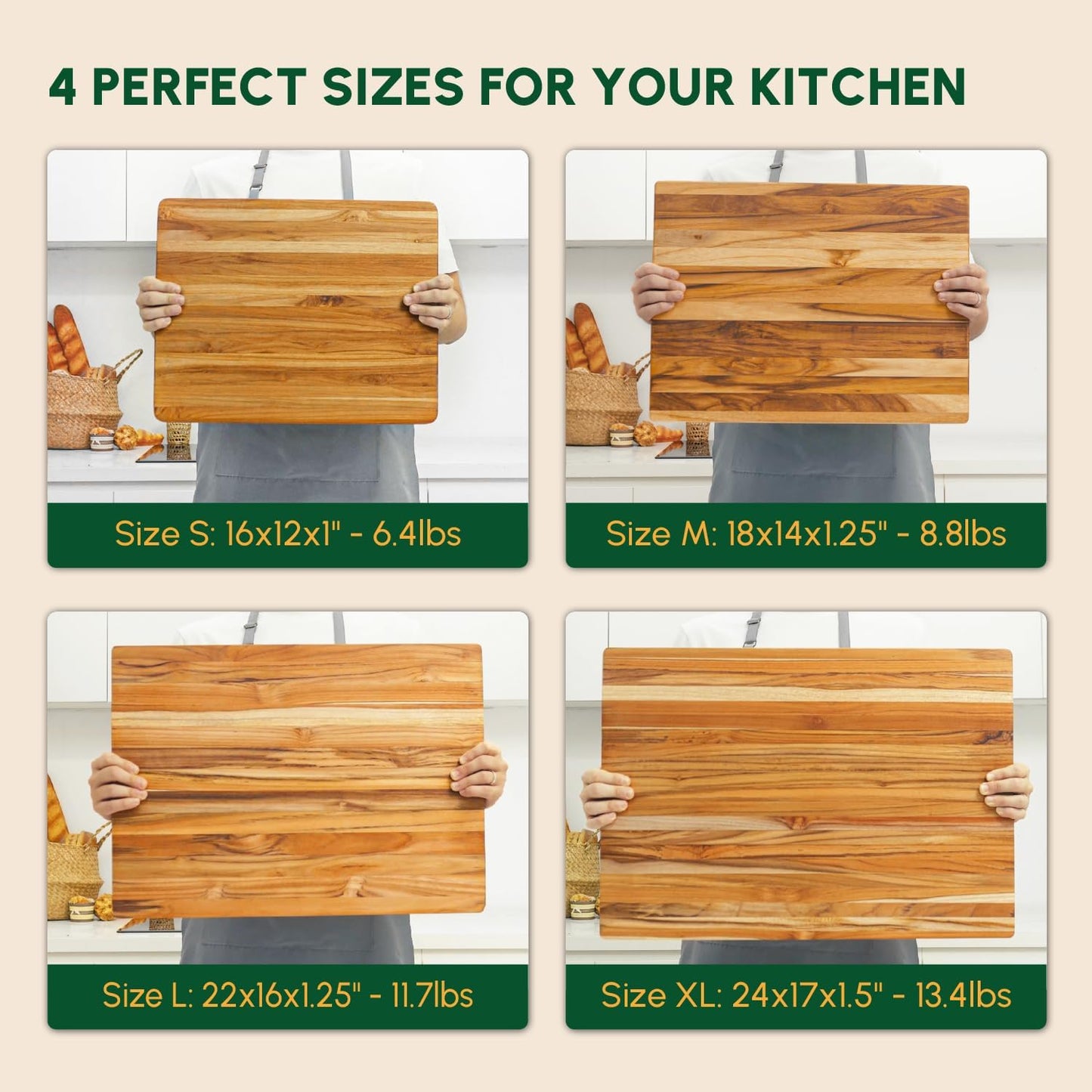 Teak Wood Cutting Board with Juice Groove (18x14x1", S) | Durable wooden cutting board for kitchen, heavy-duty butcher block, serving board, charcuterie platter. Gift box included