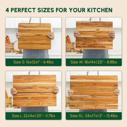Teak Wood Cutting Board with Juice Groove (18x14x1", S) | Durable wooden cutting board for kitchen, heavy-duty butcher block, serving board, charcuterie platter. Gift box included