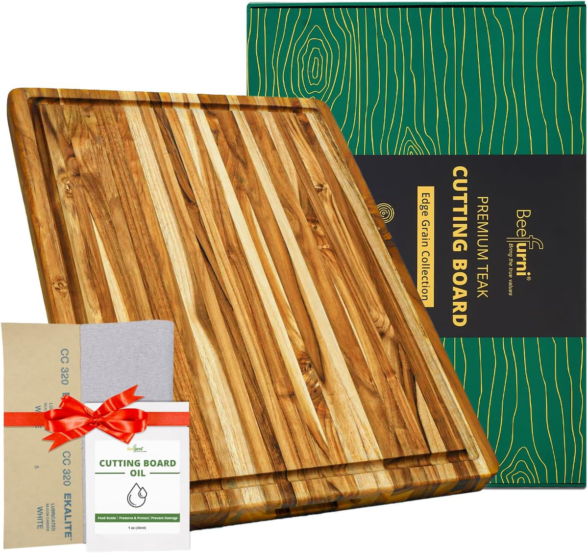 Teak Wood Cutting Board with Juice Groove (18x14x1", S) | Durable wooden cutting board for kitchen, heavy-duty butcher block, serving board, charcuterie platter. Gift box included