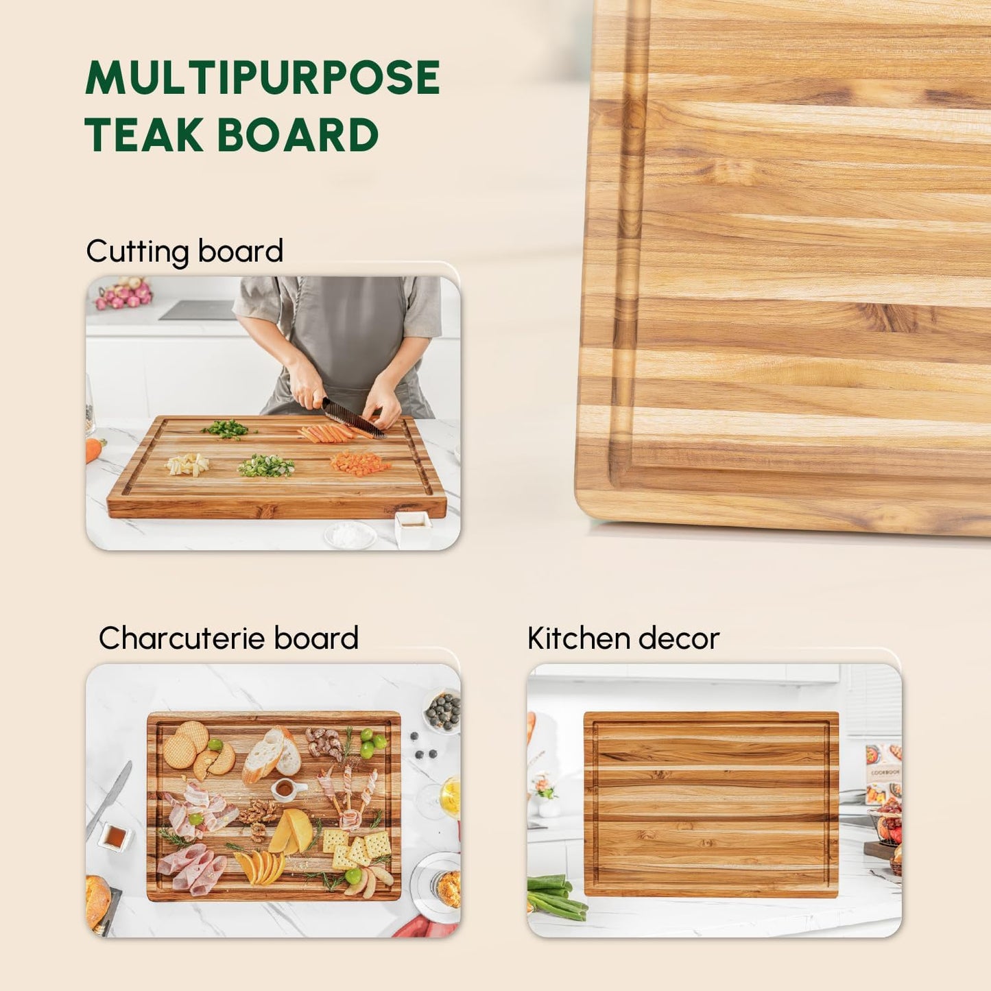 Teak Wood Cutting Board with Juice Groove (18x14x1", S) | Durable wooden cutting board for kitchen, heavy-duty butcher block, serving board, charcuterie platter. Gift box included