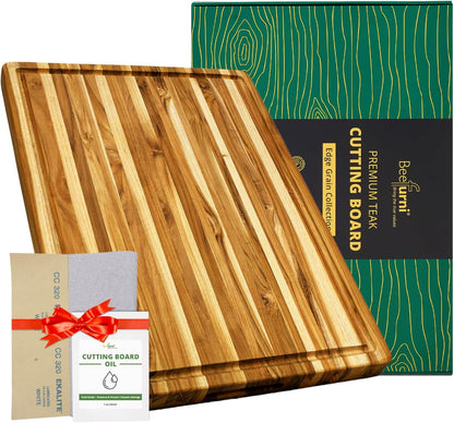 Teak Wood Cutting Board with Juice Groove (18x14x1", S) | Durable wooden cutting board for kitchen, heavy-duty butcher block, serving board, charcuterie platter. Gift box included