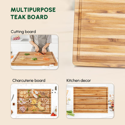 Teak Wood Cutting Board with Juice Groove (18x14x1", S) | Durable wooden cutting board for kitchen, heavy-duty butcher block, serving board, charcuterie platter. Gift box included