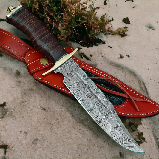 Poshland REG-734, Handmade Damascus Steel 13.5 Inches Hunting Knife - Rose Wood/Leather Handle