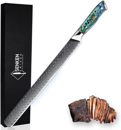 SENKEN 12" Damascus Steel Brisket Knife - Umi Collection - 67-Layer Japanese VG10 Steel with Deep Sea Abalone Shell Handle - Ultra Sharp Carving Knife for Brisket, Meat, Roasts, and Large Fruit (12")