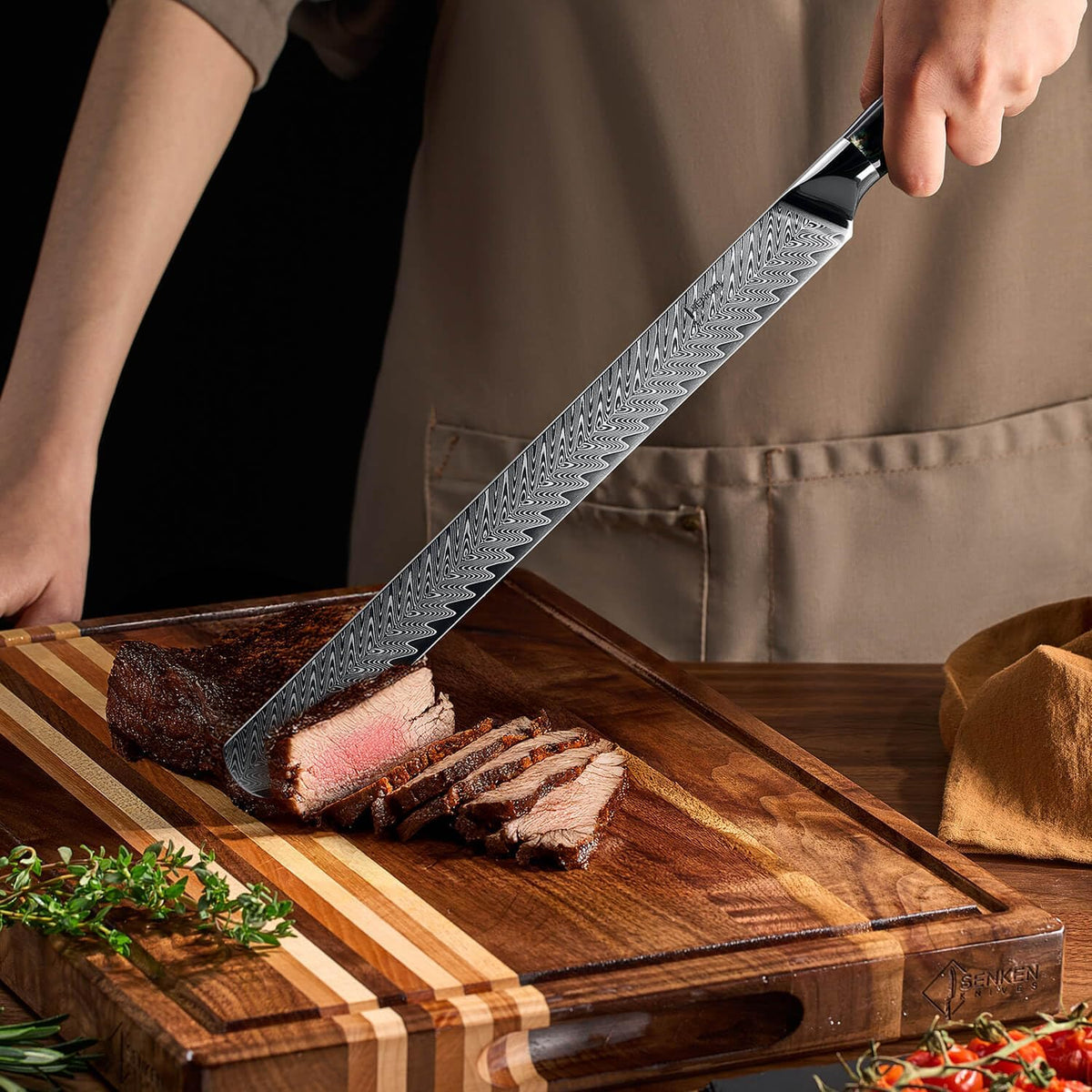 SENKEN 12" Damascus Steel Brisket Knife - Umi Collection - 67-Layer Japanese VG10 Steel with Deep Sea Abalone Shell Handle - Ultra Sharp Carving Knife for Brisket, Meat, Roasts, and Large Fruit (12")