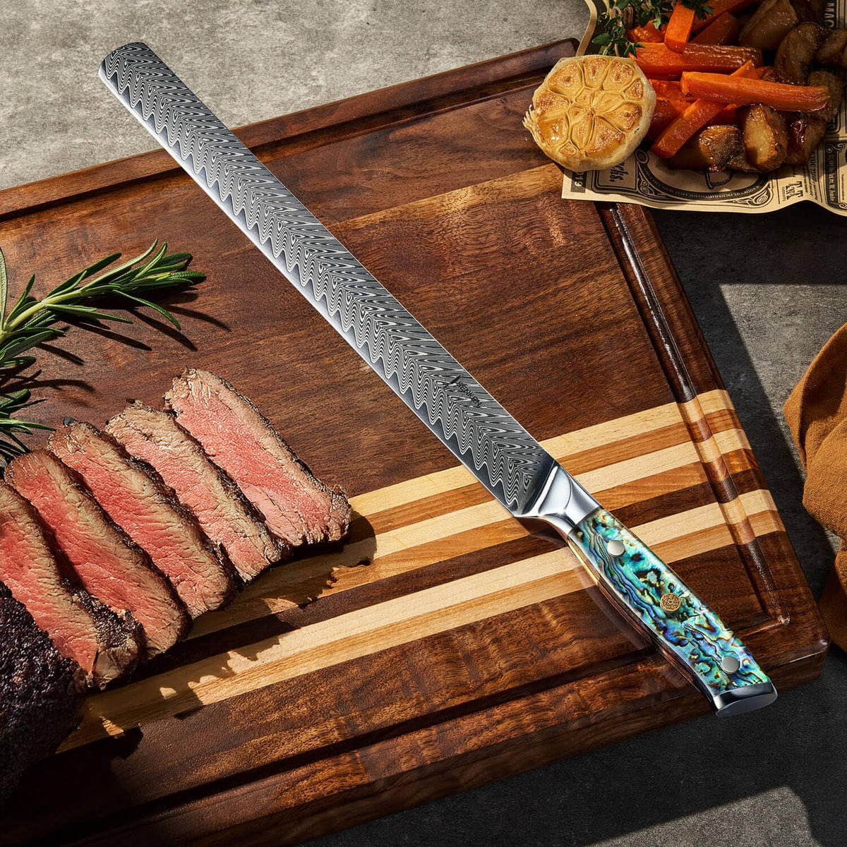 SENKEN 12" Damascus Steel Brisket Knife - Umi Collection - 67-Layer Japanese VG10 Steel with Deep Sea Abalone Shell Handle - Ultra Sharp Carving Knife for Brisket, Meat, Roasts, and Large Fruit (12")