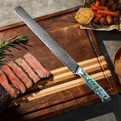 SENKEN 12" Damascus Steel Brisket Knife - Umi Collection - 67-Layer Japanese VG10 Steel with Deep Sea Abalone Shell Handle - Ultra Sharp Carving Knife for Brisket, Meat, Roasts, and Large Fruit (12")
